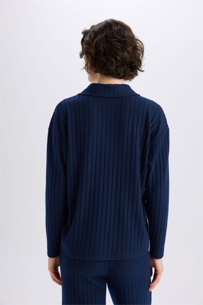 نساء كحلي تيشيرت بولو من قطن بأكمام طويلة قصة مريحة