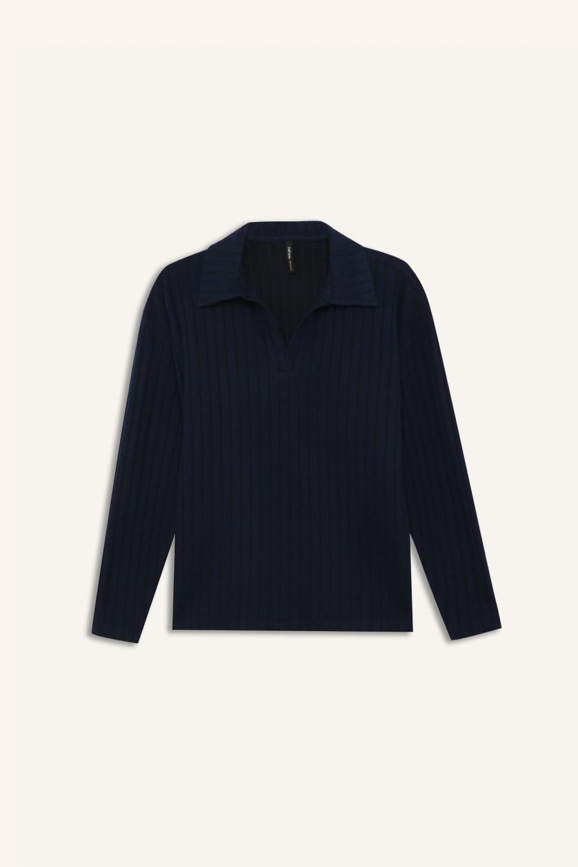 نساء كحلي تيشيرت بولو من قطن بأكمام طويلة قصة مريحة