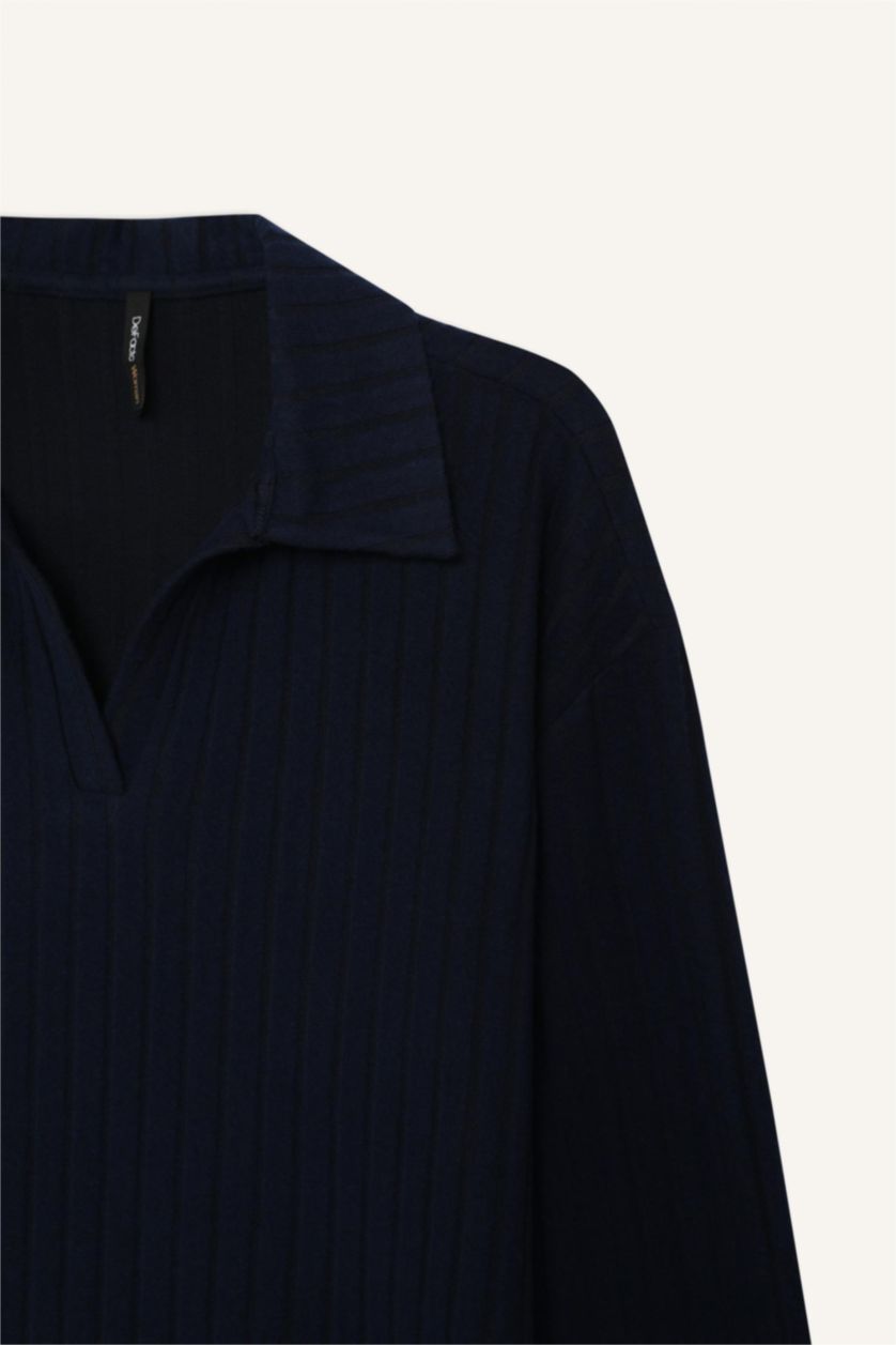 نساء كحلي تيشيرت بولو من قطن بأكمام طويلة قصة مريحة