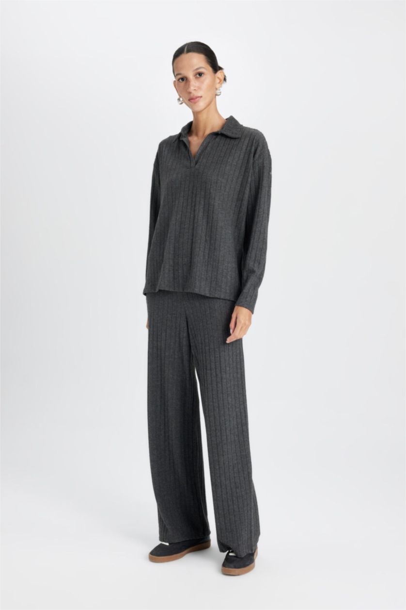 Kadın Antrasit Melanj Normal Bel Eşofman Altı Fitilli Kaşkorse Kumaş Basıc