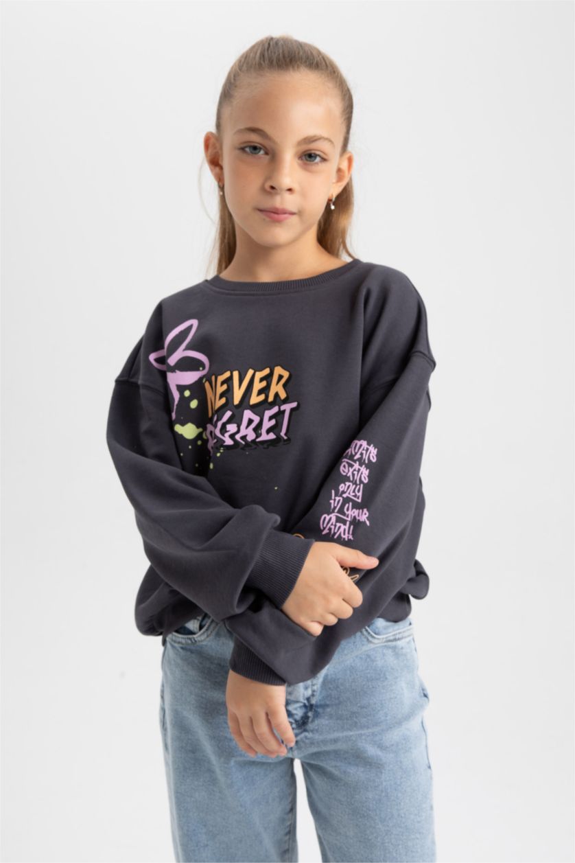 Девочки и подростки Антрацит Толстовка с круглым вырезом для девочек