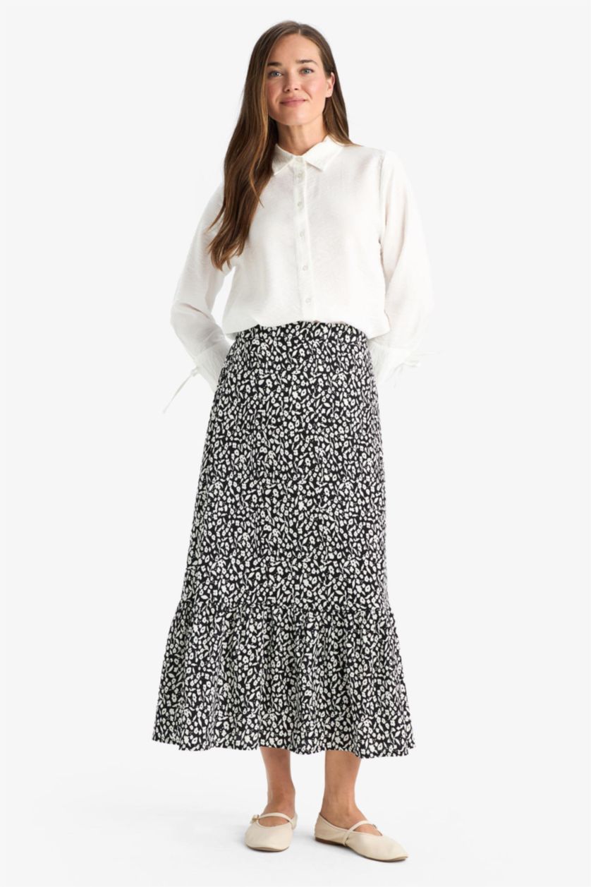 Woman Black Floral Patterned Maxi Modest Skirt