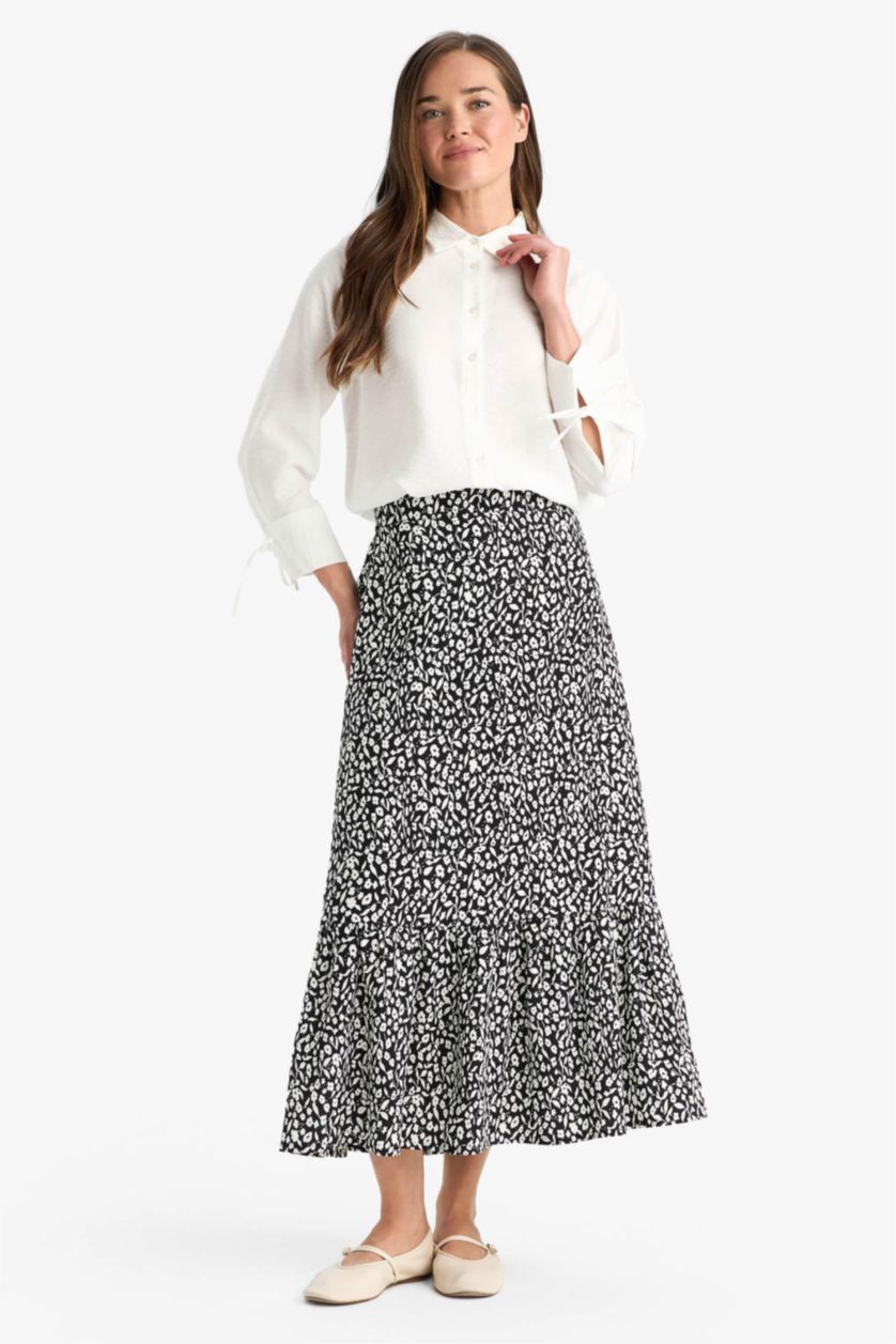 Woman Black Floral Patterned Maxi Modest Skirt
