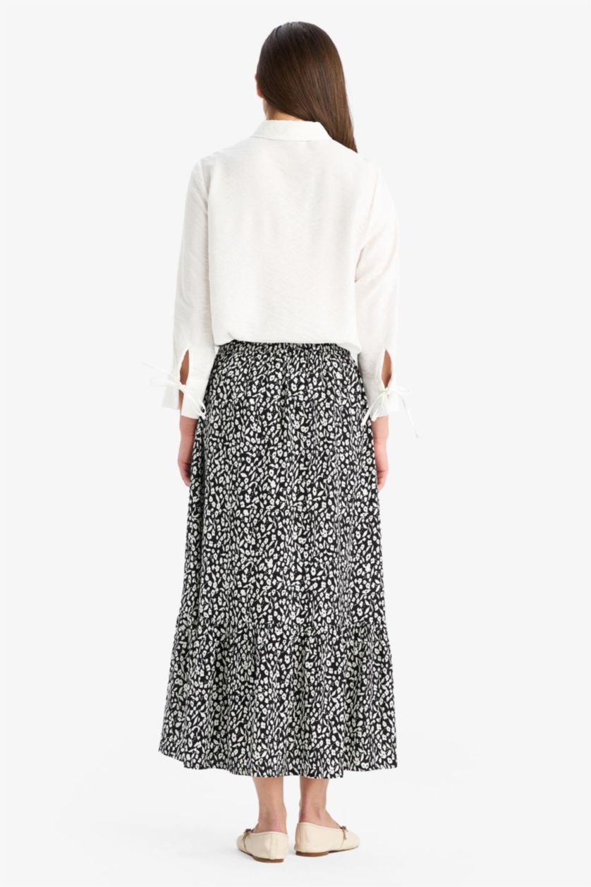 Woman Black Floral Patterned Maxi Modest Skirt