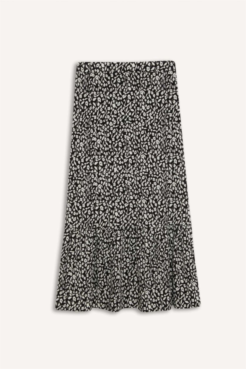 Woman Black Floral Patterned Maxi Modest Skirt