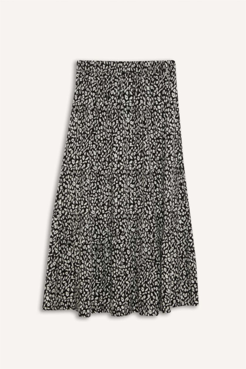 Woman Black Floral Patterned Maxi Modest Skirt