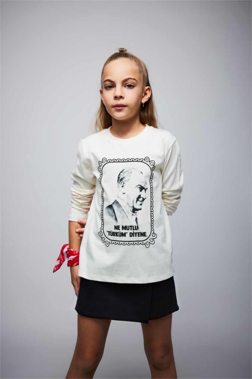GIRLS & TEENS Ecru Girl Ataturk Printed Crew Neck Cotton T-Shirt