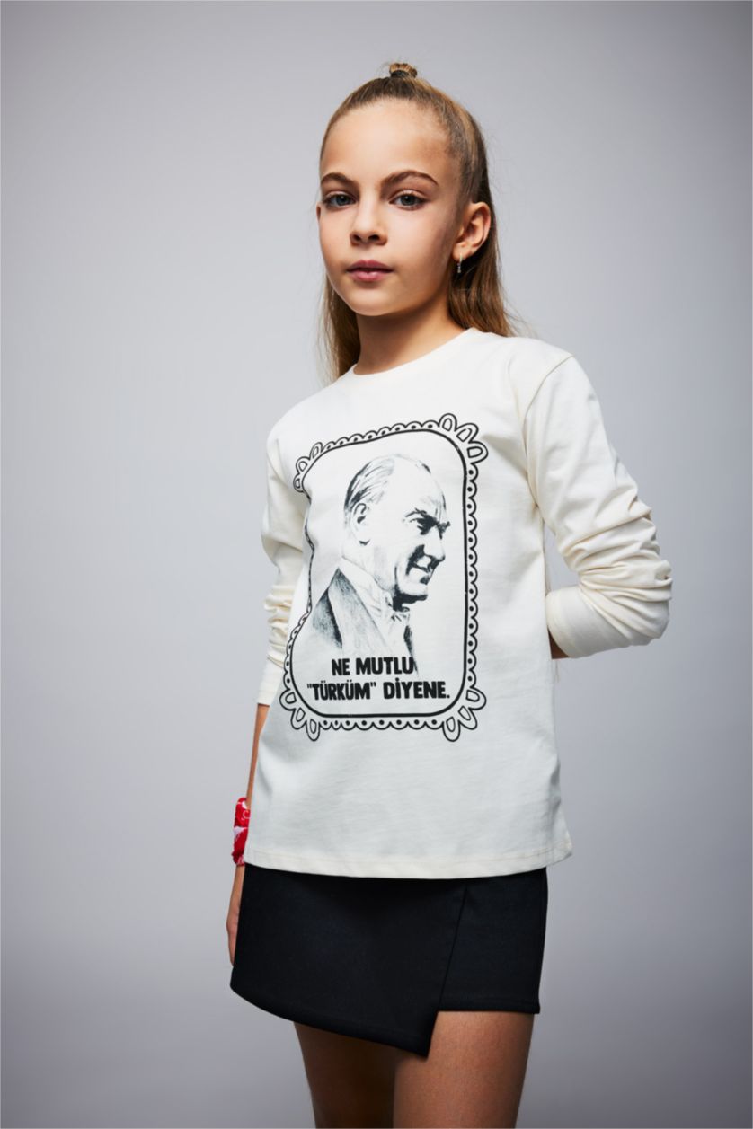GIRLS & TEENS Ecru Girl Ataturk Printed Crew Neck Cotton T-Shirt