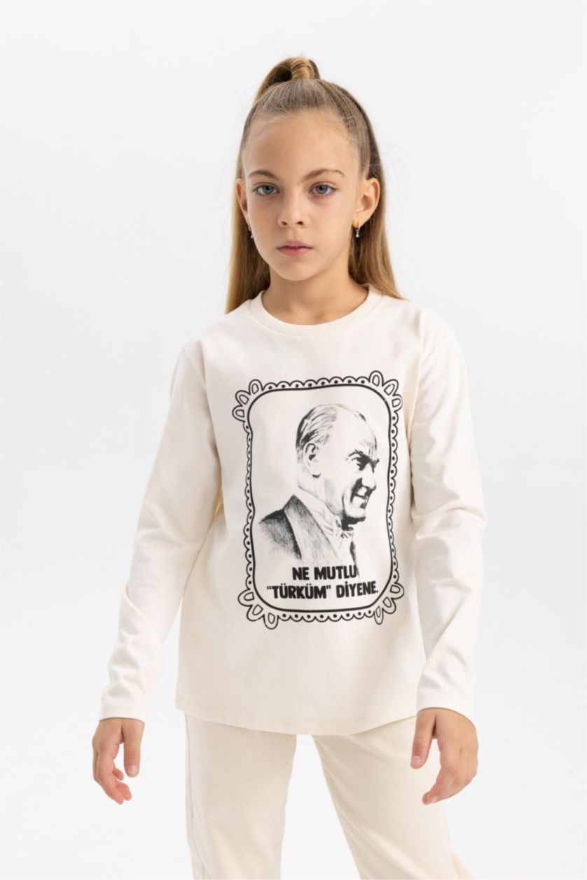 GIRLS & TEENS Ecru Girl Ataturk Printed Crew Neck Cotton T-Shirt