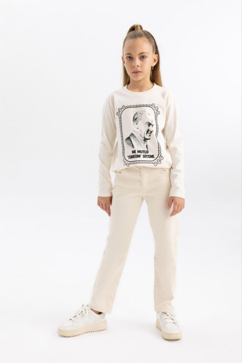 GIRLS & TEENS Ecru Girl Ataturk Printed Crew Neck Cotton T-Shirt