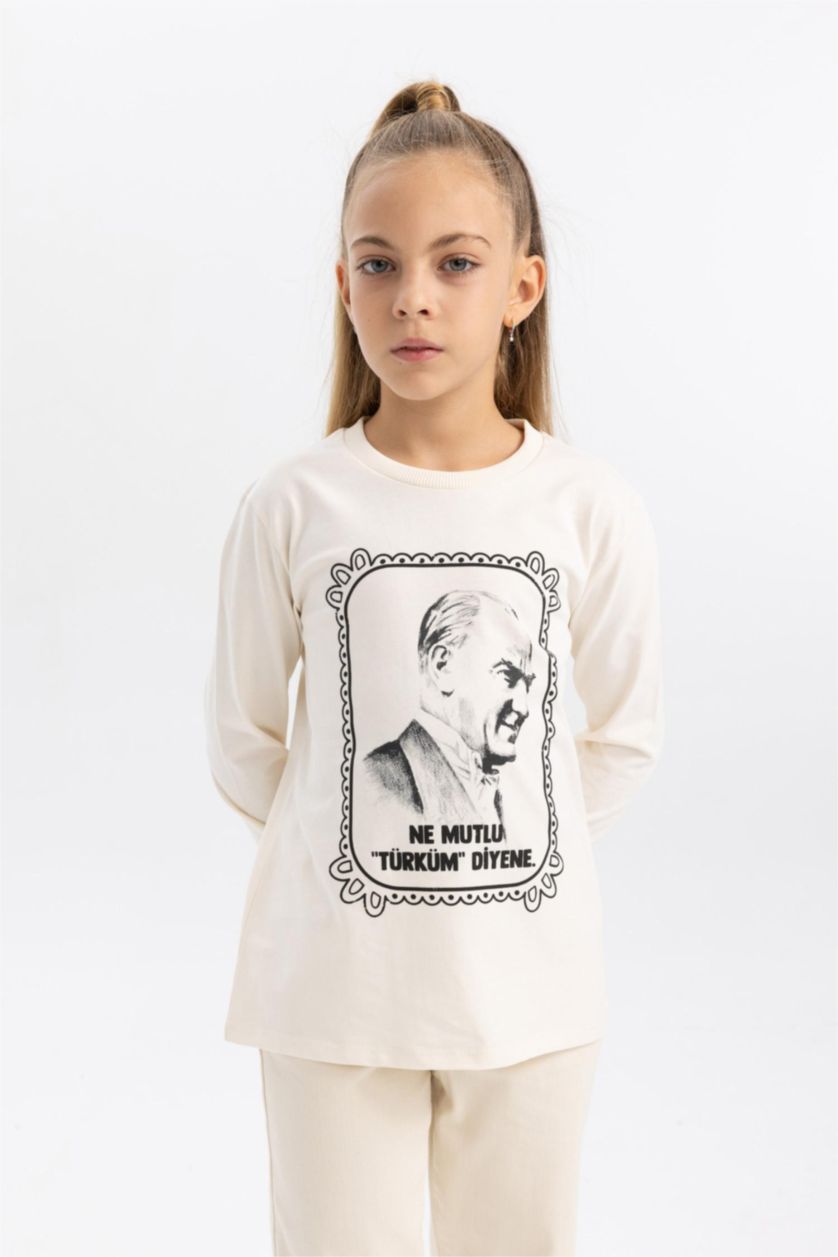 GIRLS & TEENS Ecru Girl Ataturk Printed Crew Neck Cotton T-Shirt