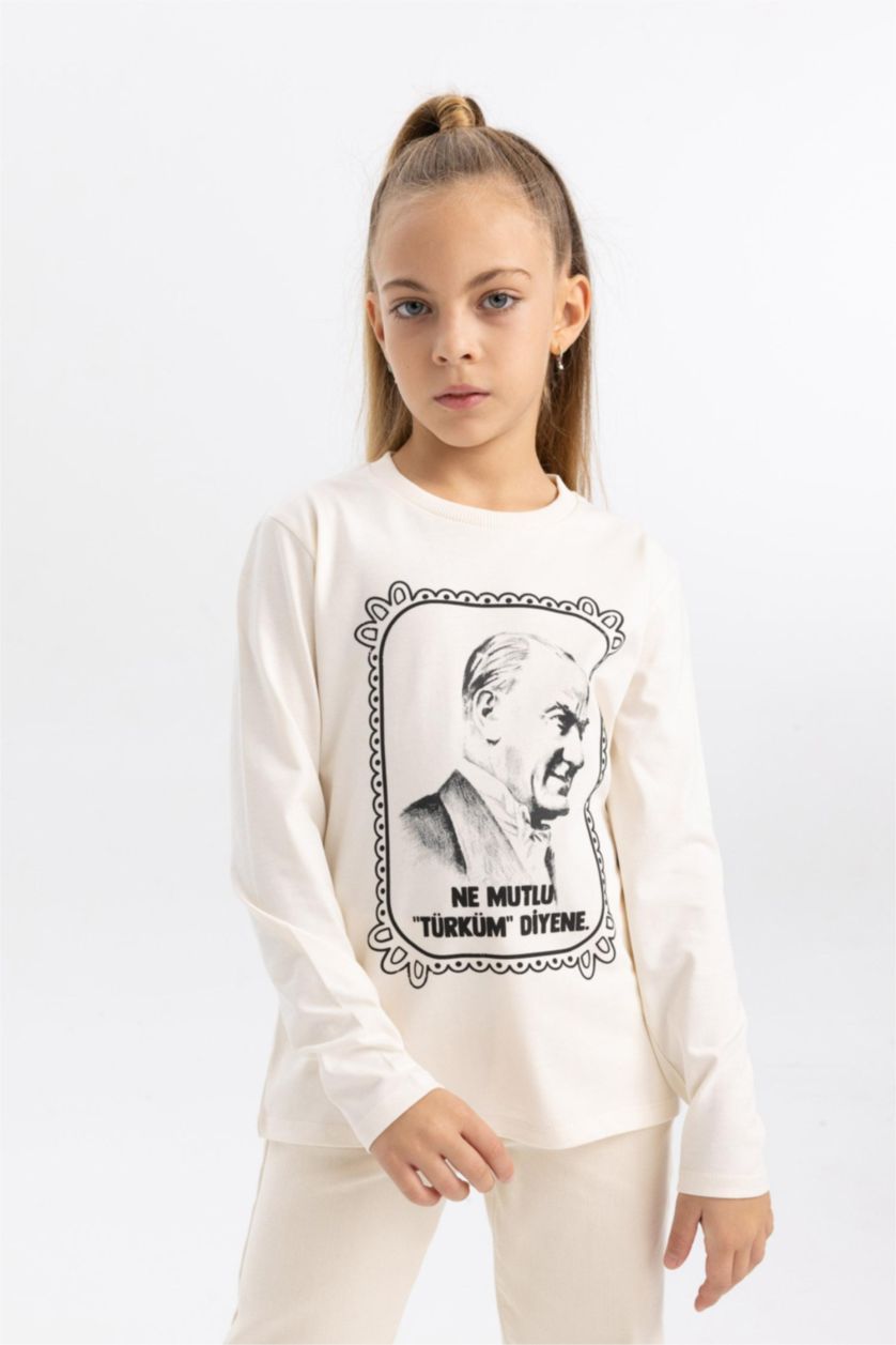 GIRLS & TEENS Ecru Girl Ataturk Printed Crew Neck Cotton T-Shirt