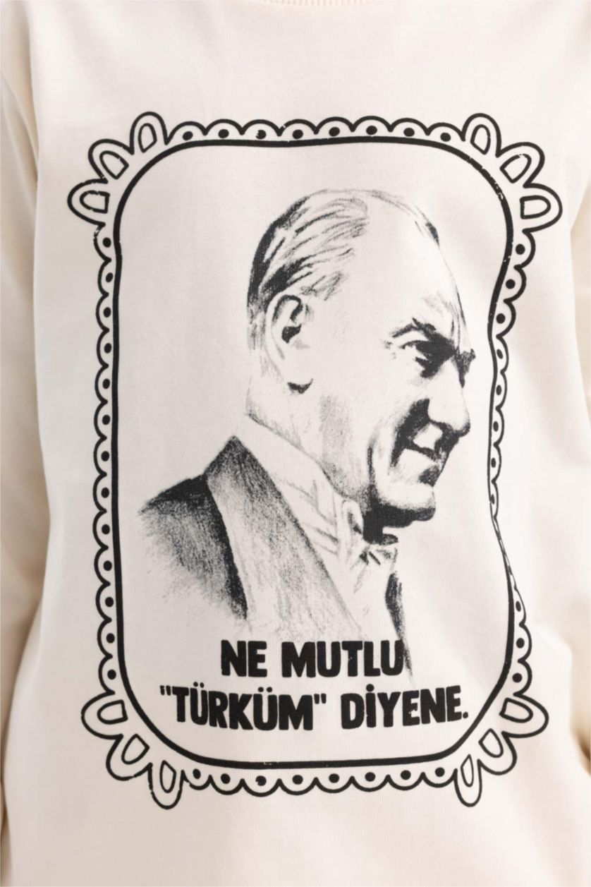 GIRLS & TEENS Ecru Girl Ataturk Printed Crew Neck Cotton T-Shirt