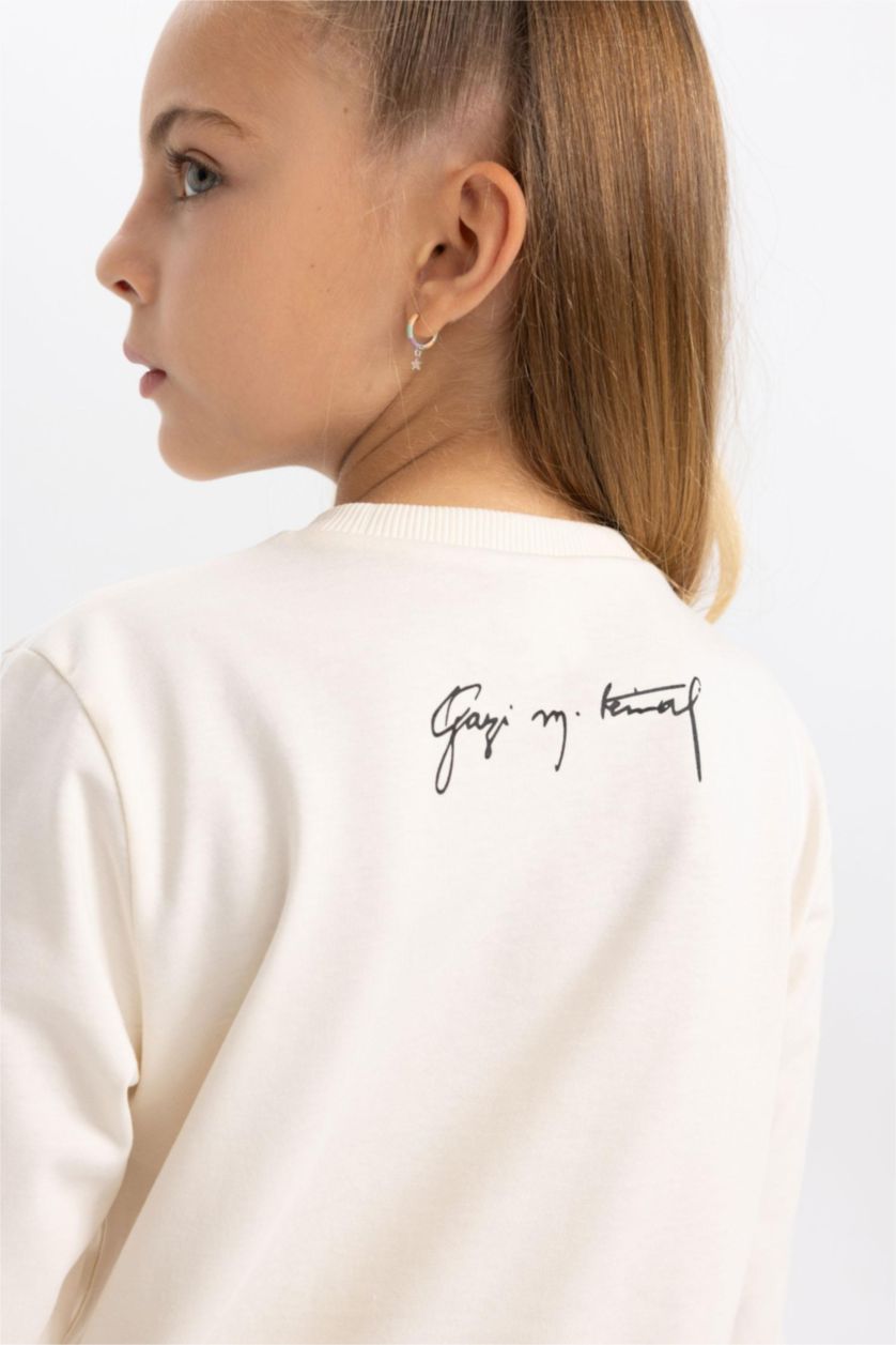 GIRLS & TEENS Ecru Girl Ataturk Printed Crew Neck Cotton T-Shirt