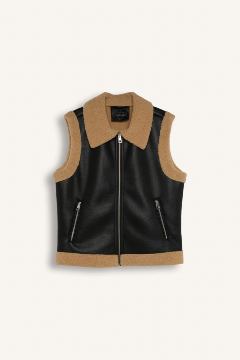 Kadın Siyah Su Geçirmez Regular Kalıp İçi Suni Kürklü Fermuarlı Suni Deri Yelek