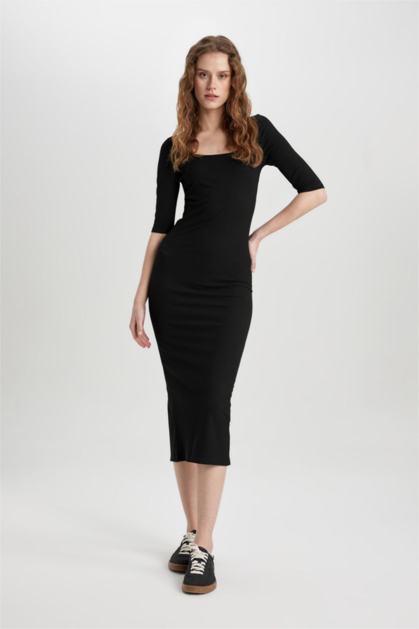 Woman Black Bodycon Square Collar Camisole Midi Dress