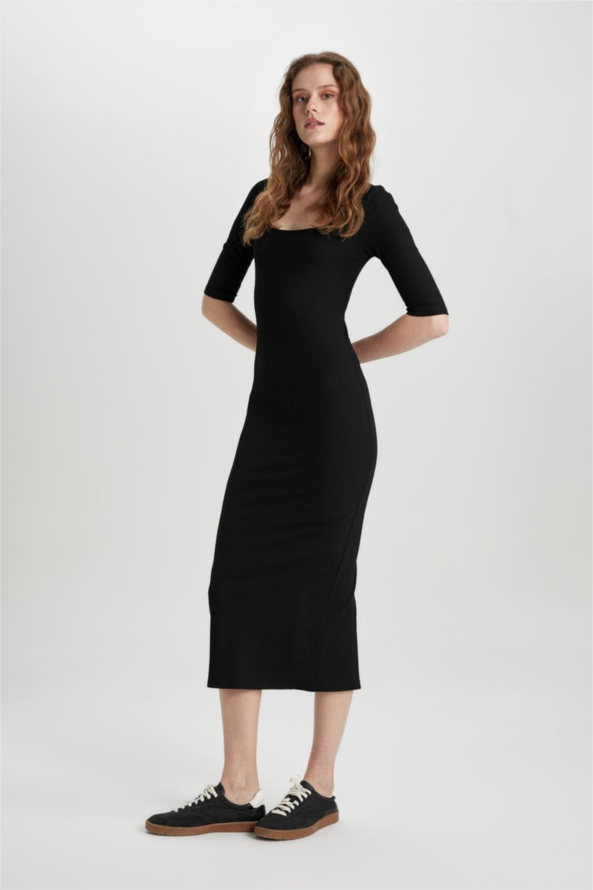 Woman Black Bodycon Square Collar Camisole Midi Dress