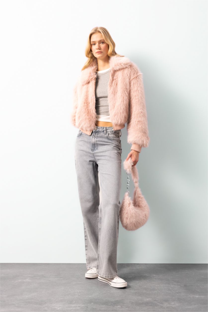 Kadın Açık Pembe Regular Fit Geniş Yaka Fermuar Kapmalı Suni Kürk Pelüş Kaban
