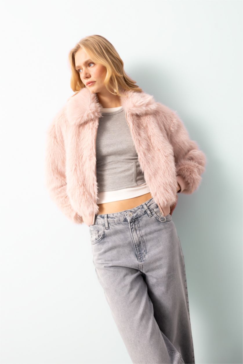Kadın Açık Pembe Regular Fit Geniş Yaka Fermuar Kapmalı Suni Kürk Pelüş Kaban