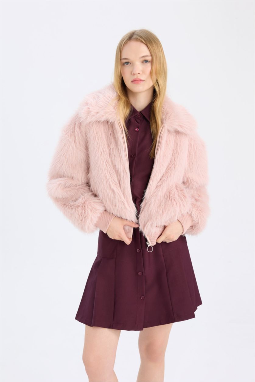 Kadın Açık Pembe Regular Fit Geniş Yaka Fermuar Kapmalı Suni Kürk Pelüş Kaban
