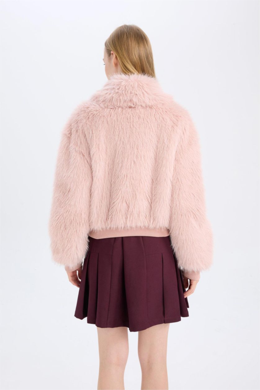 Kadın Açık Pembe Regular Fit Geniş Yaka Fermuar Kapmalı Suni Kürk Pelüş Kaban