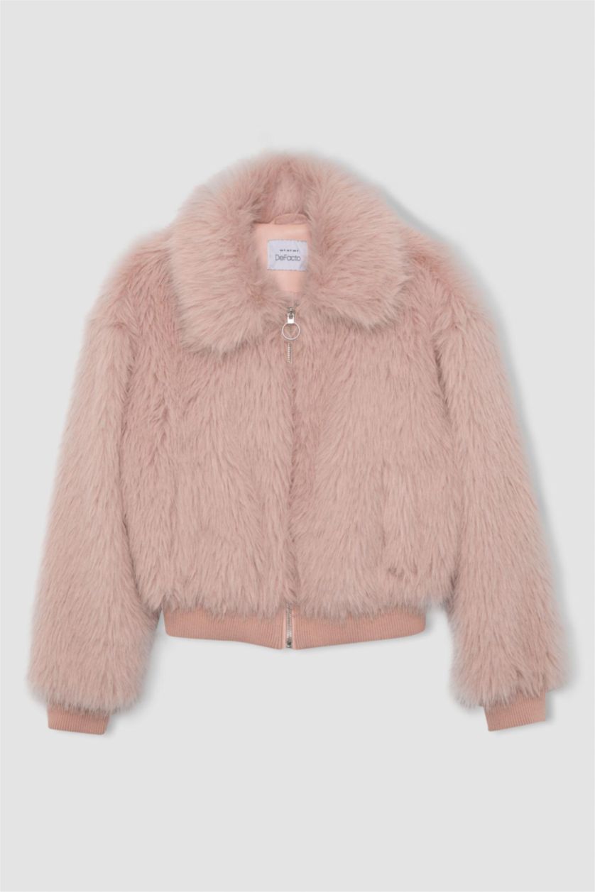 Kadın Açık Pembe Regular Fit Geniş Yaka Fermuar Kapmalı Suni Kürk Pelüş Kaban