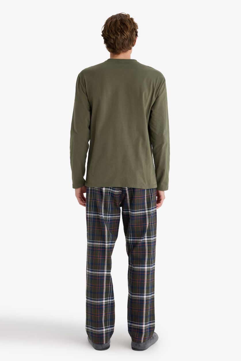 رجال كاكي داكن سيت بجامة كاروهات قصة عادية ردن طويل - قطعتين