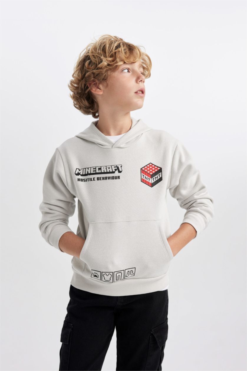 Erkek Çocuk - Genç Erkek Açık Gri Erkek Çocuk Minecraft Kapüşonlu Kalın Sweatshirt