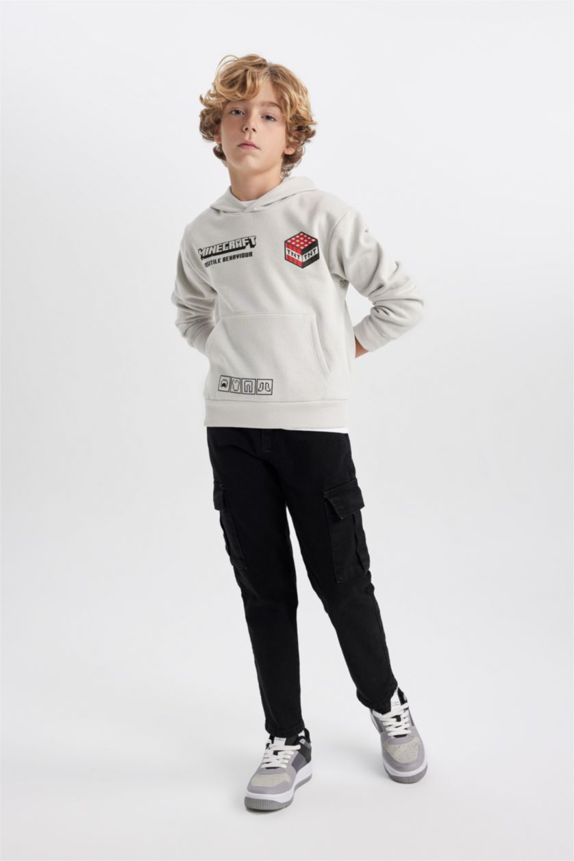 Erkek Çocuk - Genç Erkek Açık Gri Erkek Çocuk Minecraft Kapüşonlu Kalın Sweatshirt