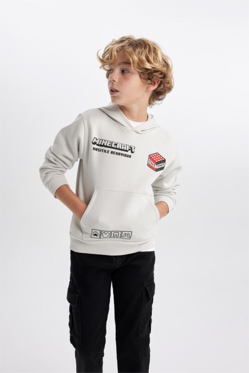 Erkek Çocuk - Genç Erkek Açık Gri Erkek Çocuk Minecraft Kapüşonlu Kalın Sweatshirt