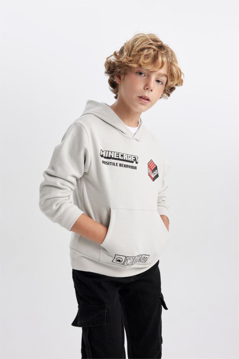 Erkek Çocuk - Genç Erkek Açık Gri Erkek Çocuk Minecraft Kapüşonlu Kalın Sweatshirt