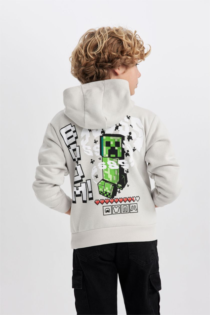 Erkek Çocuk - Genç Erkek Açık Gri Erkek Çocuk Minecraft Kapüşonlu Kalın Sweatshirt