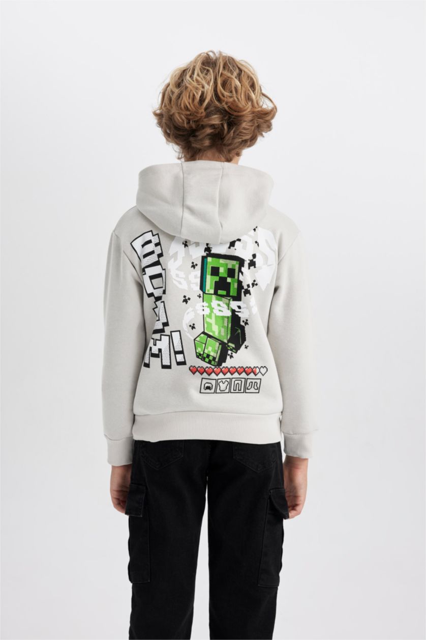 Erkek Çocuk - Genç Erkek Açık Gri Erkek Çocuk Minecraft Kapüşonlu Kalın Sweatshirt