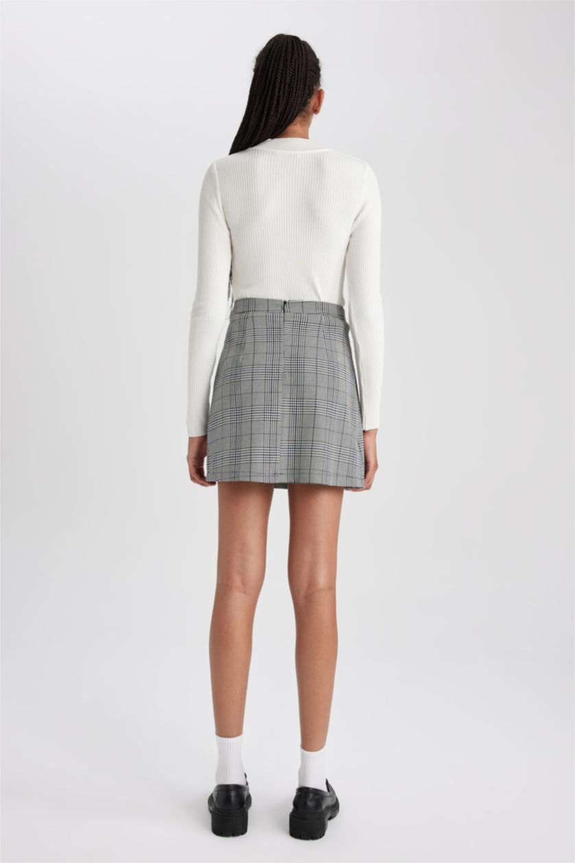 Әйелдерге қара чек бүрме қысқа ұзындық Тоқылған юбка