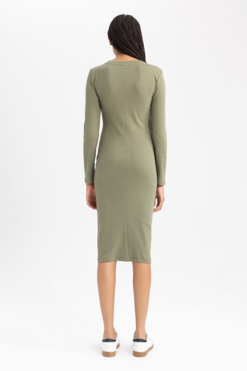 Әйелдерге хаки тығыз көйлек с мойын ұзын жеңді Ұзын жеңді трикотаж көйлек