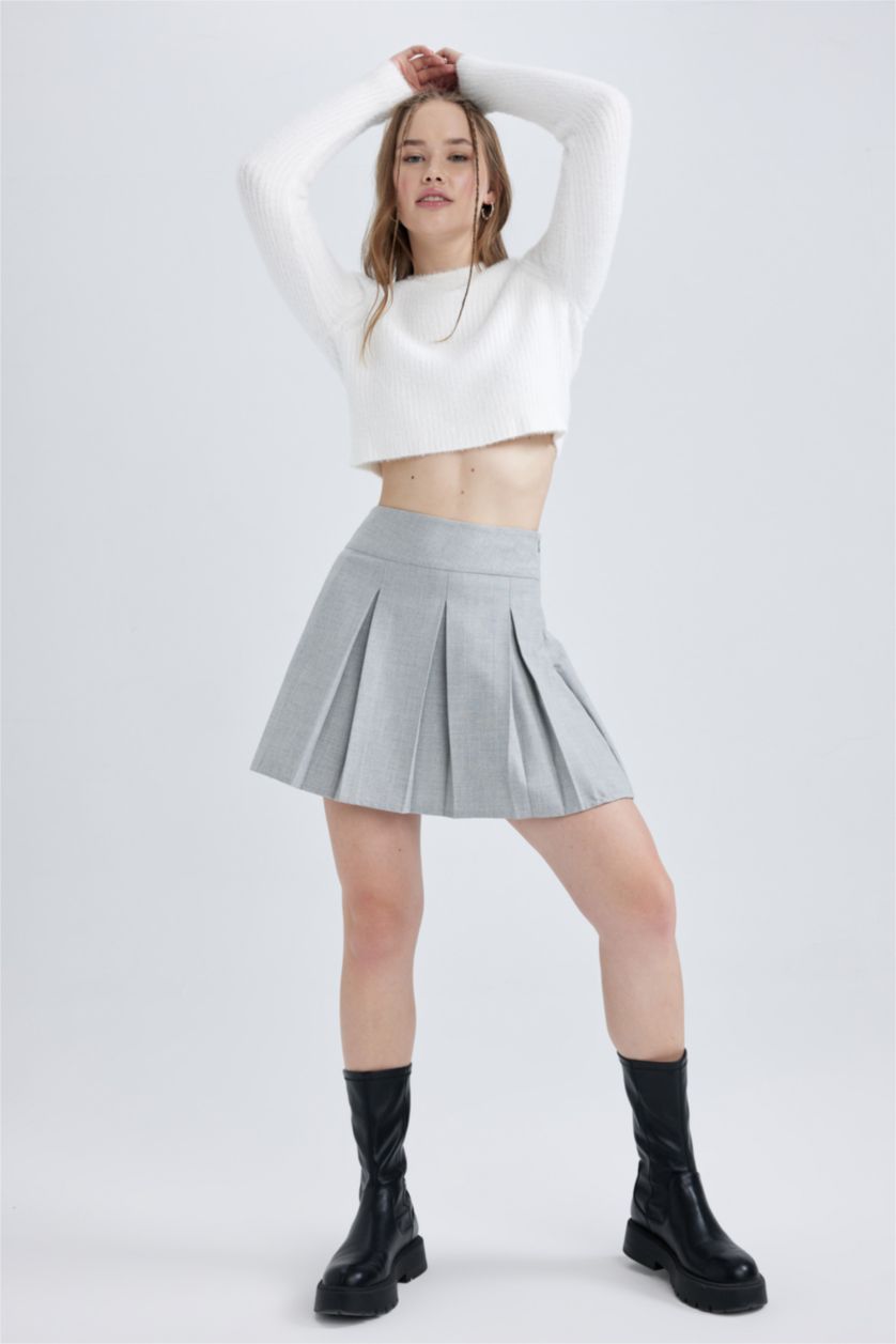 Kadın Gri Melanj Pilise Mini Etek