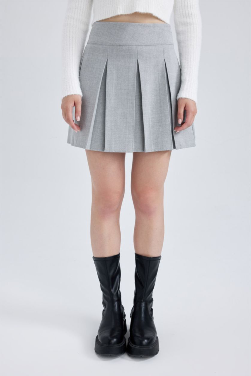 Kadın Gri Melanj Pilise Mini Etek