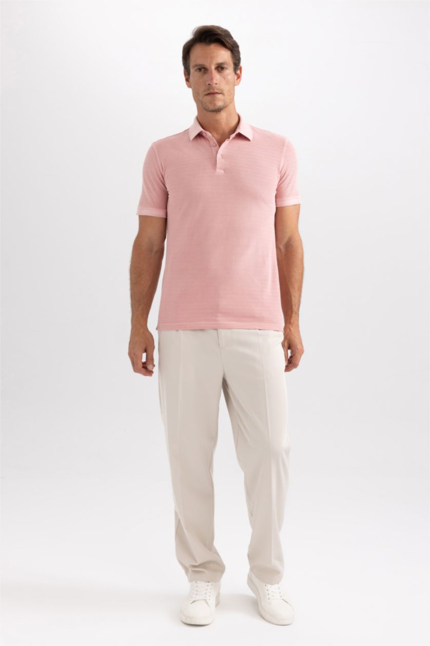 رجالي وردي تيشيرت بولو قطن نص كم سليم فيت