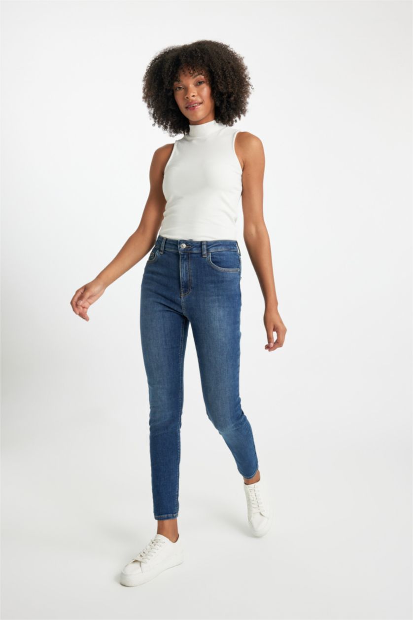 FEMME Bleu Jean à Coupe Skinny Et Taille Haute
