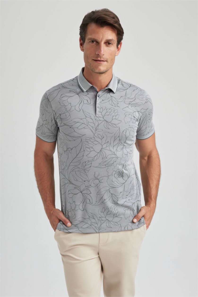 MAN Grey Slim Fit Floral Short Sleeve Polo T-Shirt