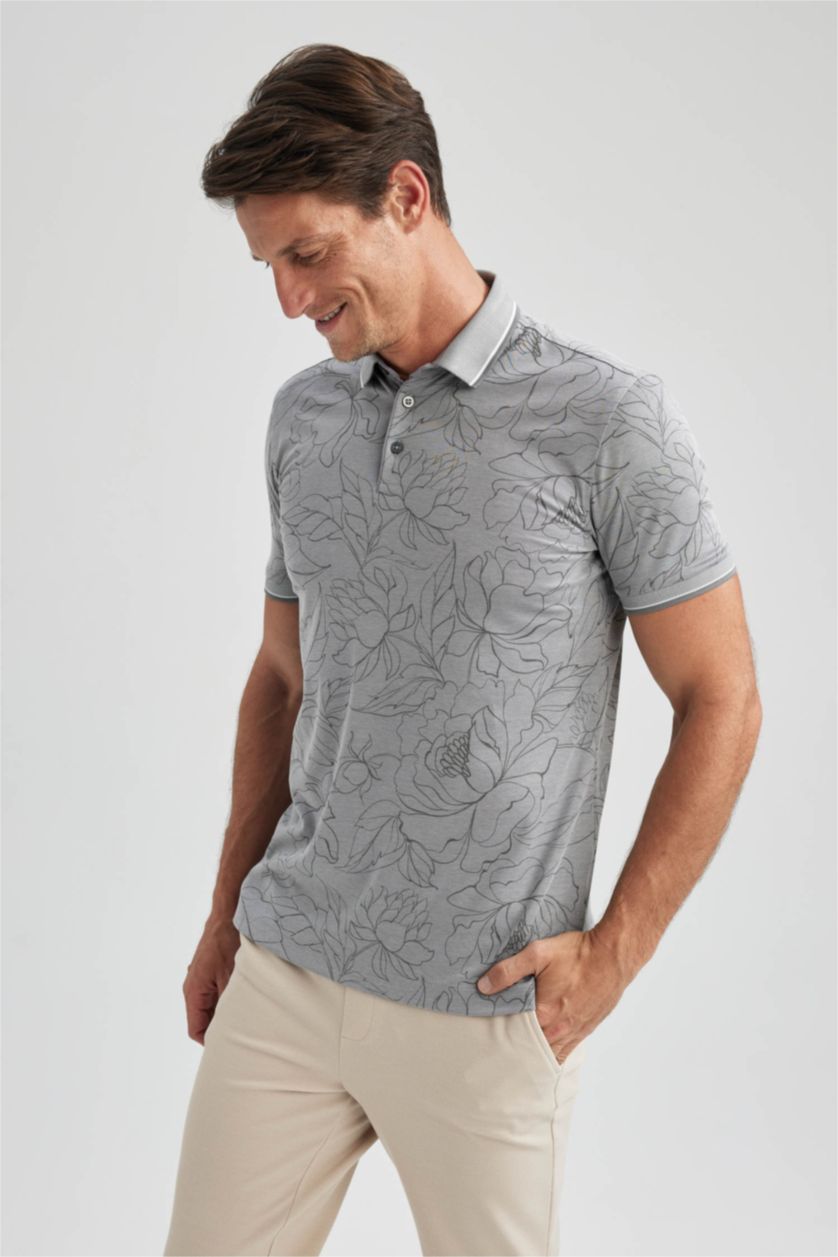 MAN Grey Slim Fit Floral Short Sleeve Polo T-Shirt