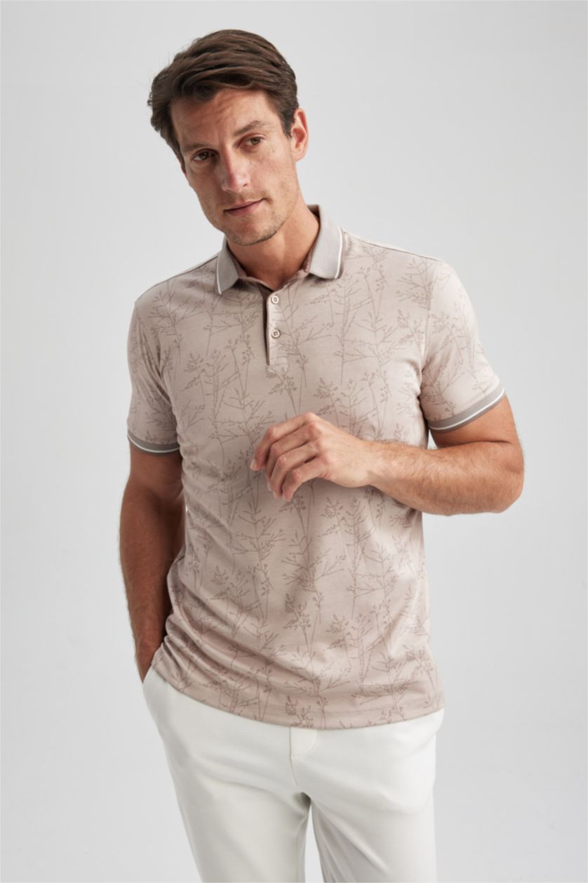 HOMME Beige Polo Coupe slim raccourcie Floral Col Polo