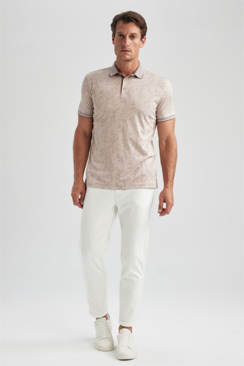 HOMME Beige Polo Coupe slim raccourcie Floral Col Polo