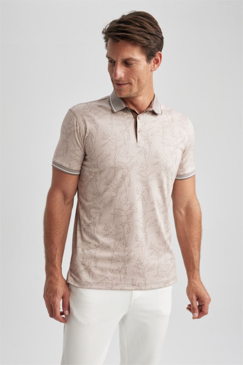 HOMME Beige Polo Coupe slim raccourcie Floral Col Polo