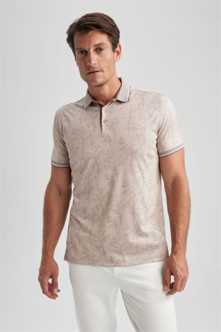 HOMME Beige Polo Coupe slim raccourcie Floral Col Polo