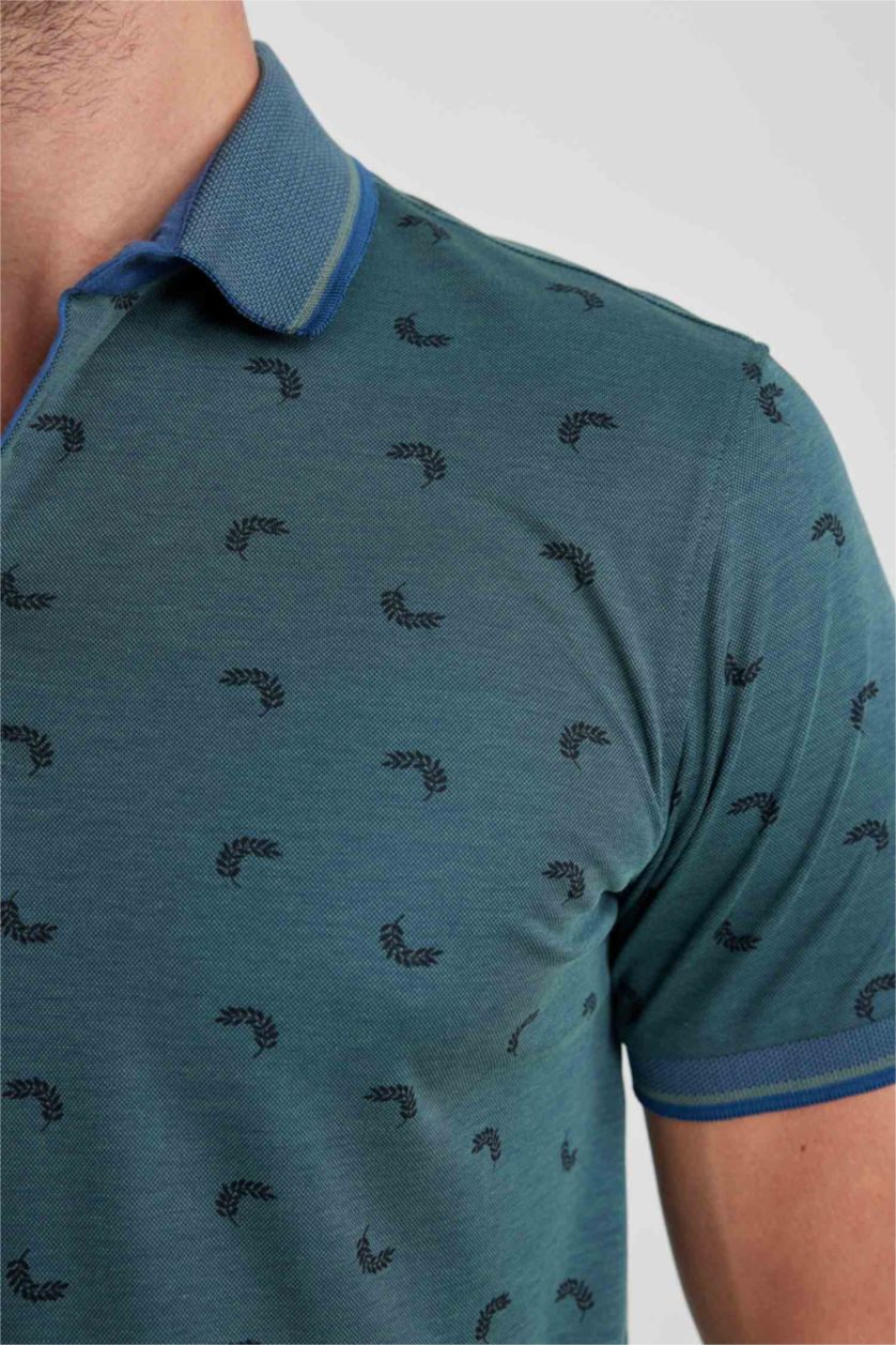 رجالي نعناع تيشيرت بولو نص كم مطبوع سليم فيت