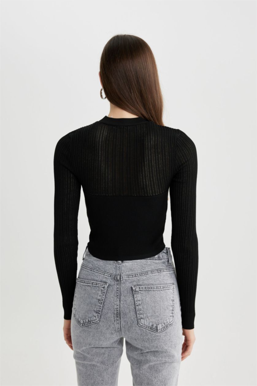 حريمي أسود بلوفر كروب تريكو قصة عادية برقبة مستديرة