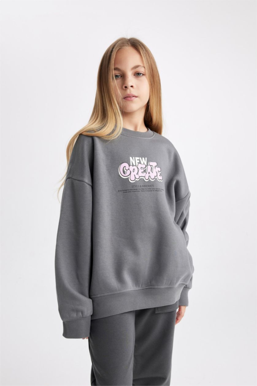 بنات رمادي سويت شيرت بناتي اوفر سايز قماش سميك وبطانة ناعمة