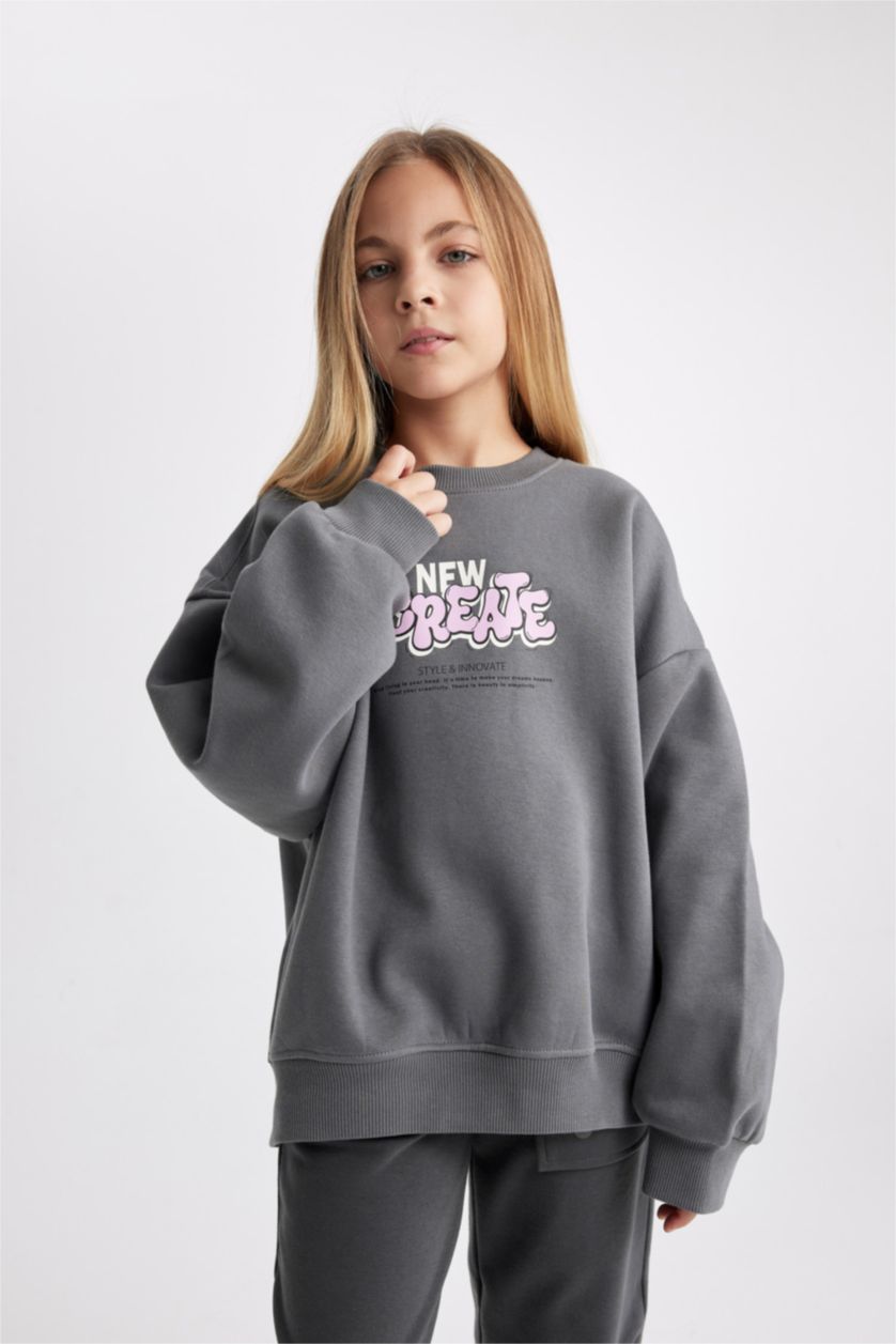 بنات رمادي سويت شيرت بناتي اوفر سايز قماش سميك وبطانة ناعمة