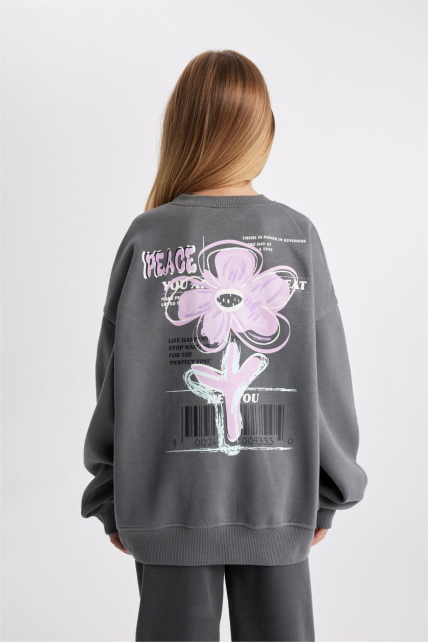 بنات رمادي سويت شيرت بناتي اوفر سايز قماش سميك وبطانة ناعمة